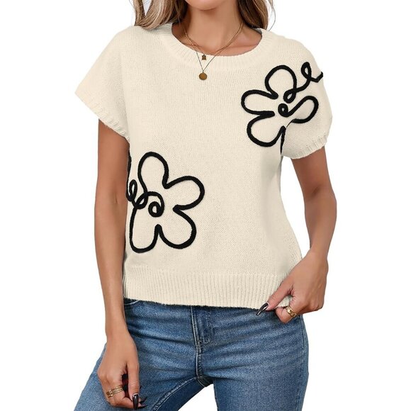Sweaters - Womens Knit Sweater Vest Polyester Cap Sleeve Floral Light Spring Layered